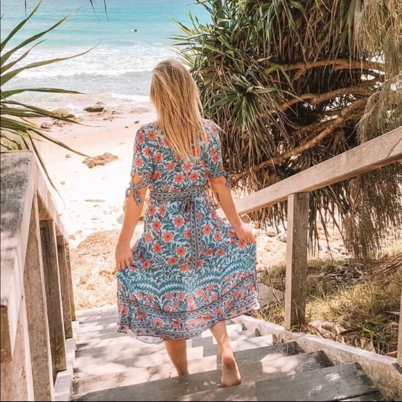 Bohemian Gypsy Floral Print Dress Tie Sleeve Slit - Picture 2 of 7